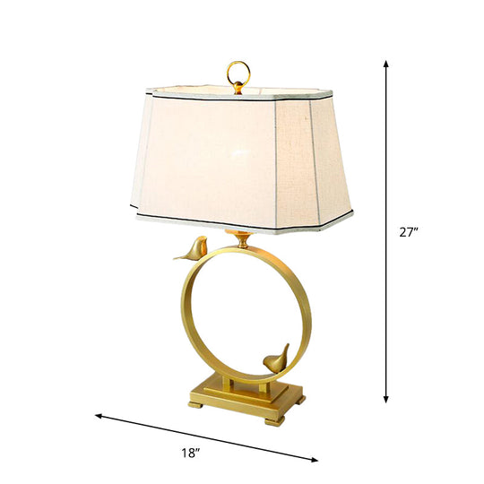 Chloé - Brass Fabric Desk Lamp Paneled Cuboid 1 Light Rustic Style Night Lighting With Bird Deco