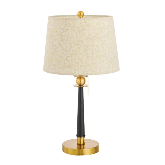 Gold Barrel Bedside Table Light With Pull Chain - Traditional Fabric Night Lighting (1-Bulb)
