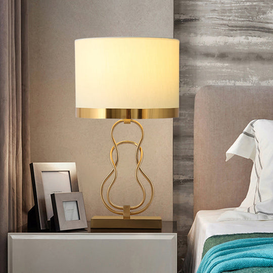 Vintage Brass Task Lamp With Fabric Drum Shade & Gourd Base - Nightstand Lighting