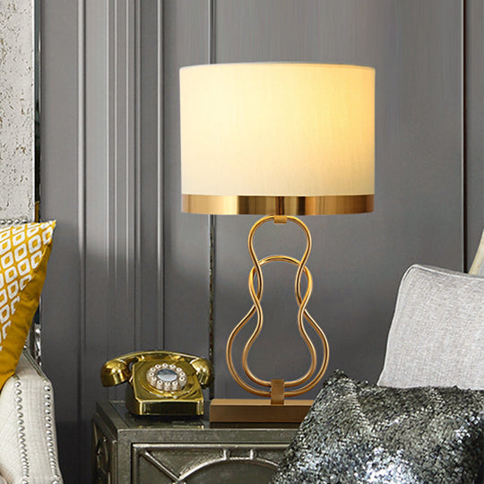 Situla - Vintage Brass 1-Light Task Lamp Fabric Drum Shade Nightstand Lighting With Gourd Base