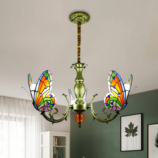 Stained Glass Butterfly Chandelier: Orange Yellow & Green Colors 3/5 Bulbs Perfect For Bedroom
