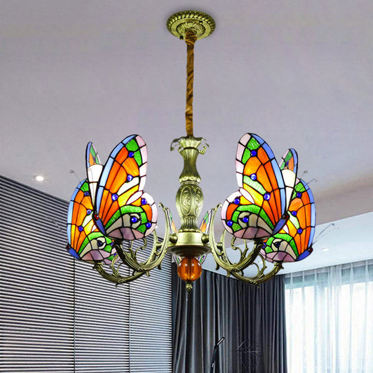 Stained Glass Butterfly Chandelier: Orange Yellow & Green Colors 3/5 Bulbs Perfect For Bedroom