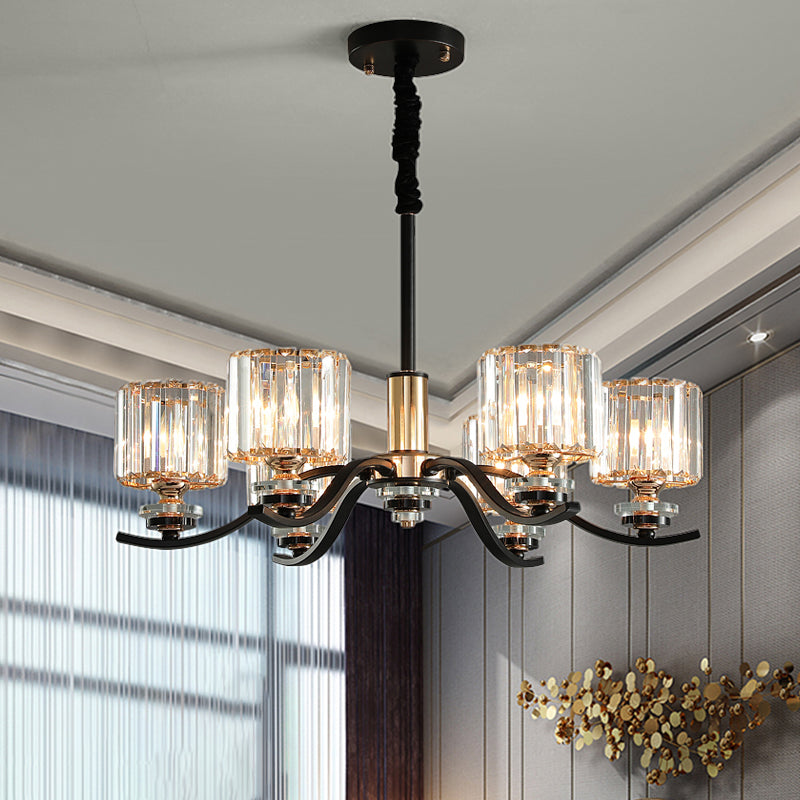 6-Bulb Black Cylinder Hanging Ceiling Light With Crystal Prisms - Elegant Bedroom Chandelier Lamp