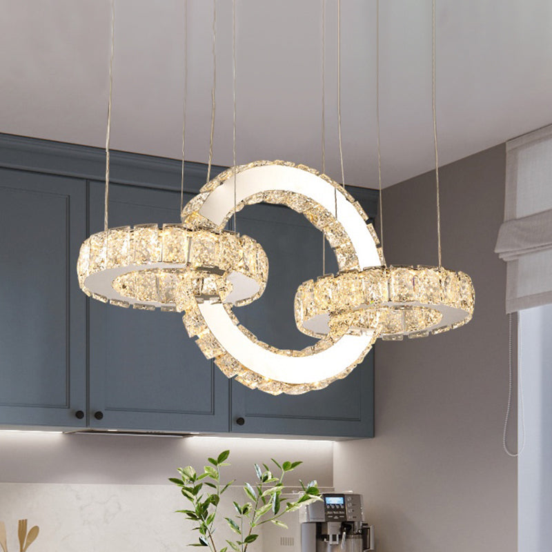 Modern Chrome Crystal Block Ring Chandelier Pendant With Led Down Lighting