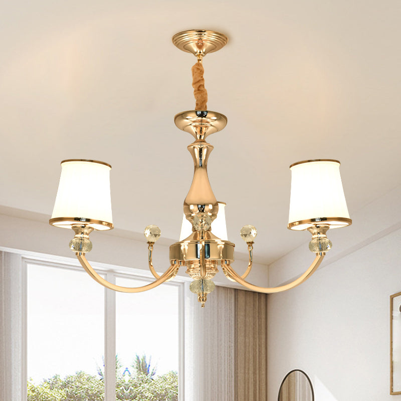 Modernist Opal Glass Cone Ceiling Pendant Chandelier - Chrome/Gold Curved Arm 3/6 Lights
