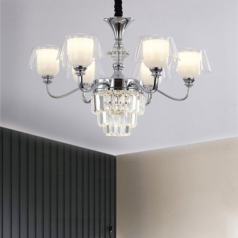 Layered Chandelier Minimalist Crystal Block Pendant - Chrome Ceiling Lighting With Clear Glass