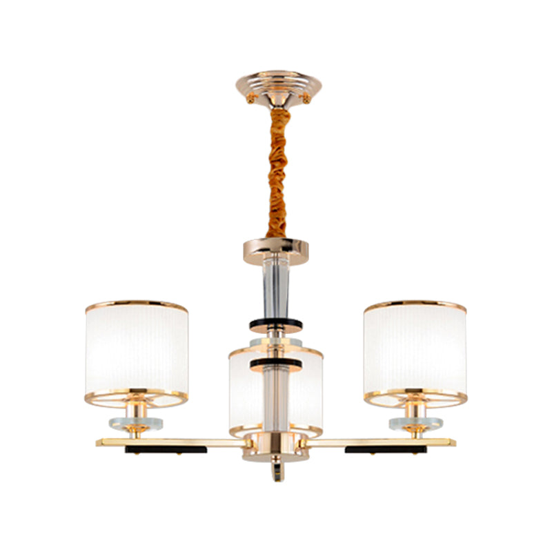 Simplicity Gold Chandelier Light With Opal Glass Shade - 3 Heads Drum Pendant For Drawing Room