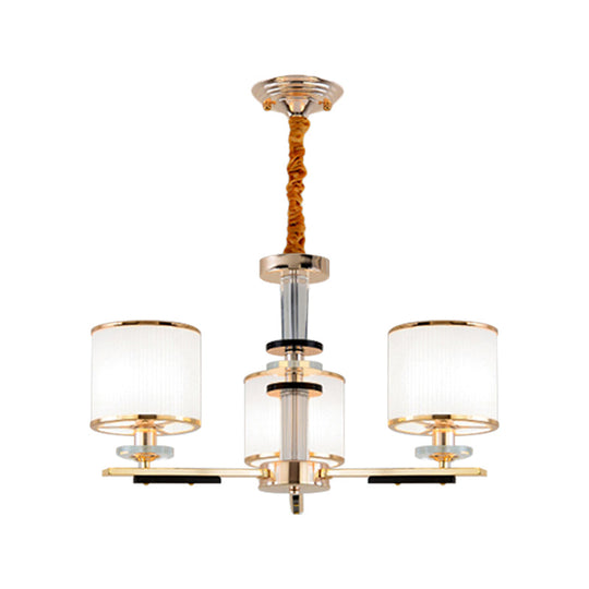 Simplicity Gold Chandelier Light With Opal Glass Shade - 3 Heads Drum Pendant For Drawing Room