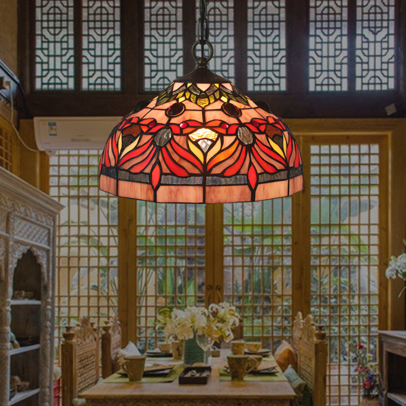 Tiffany Stained Glass Bowl Shade Hanging Light With Red Finish For Dining Room