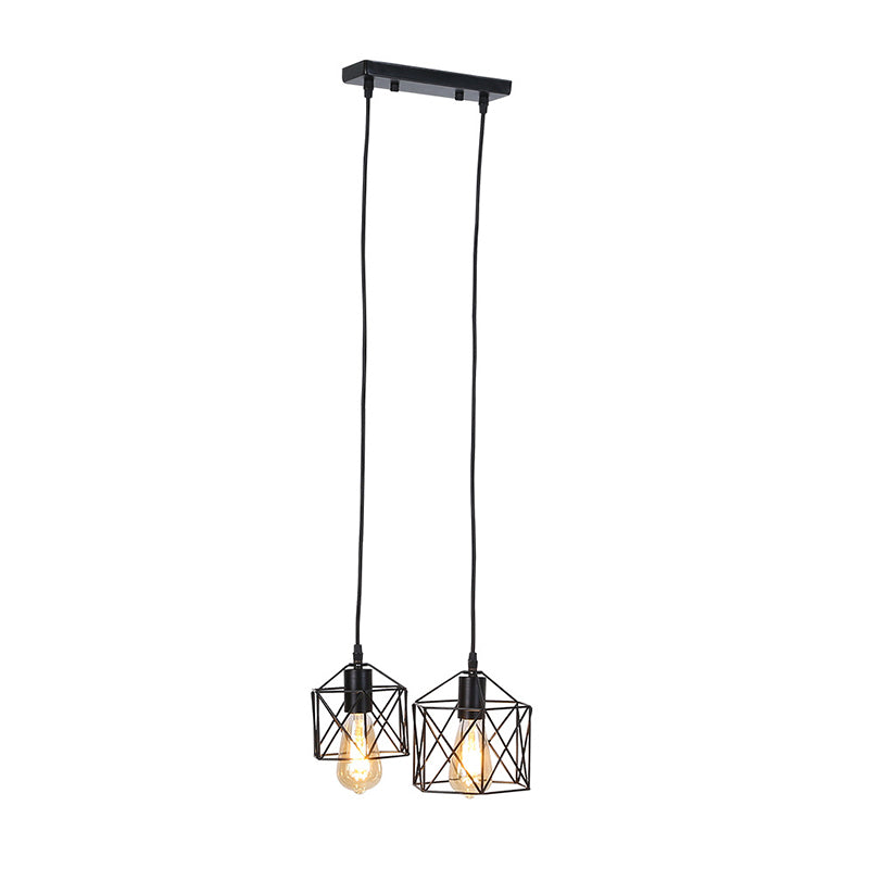 Retro Hexagon Multi-Pendant Ceiling Fixture With Black Metal Frame And 2 Lights