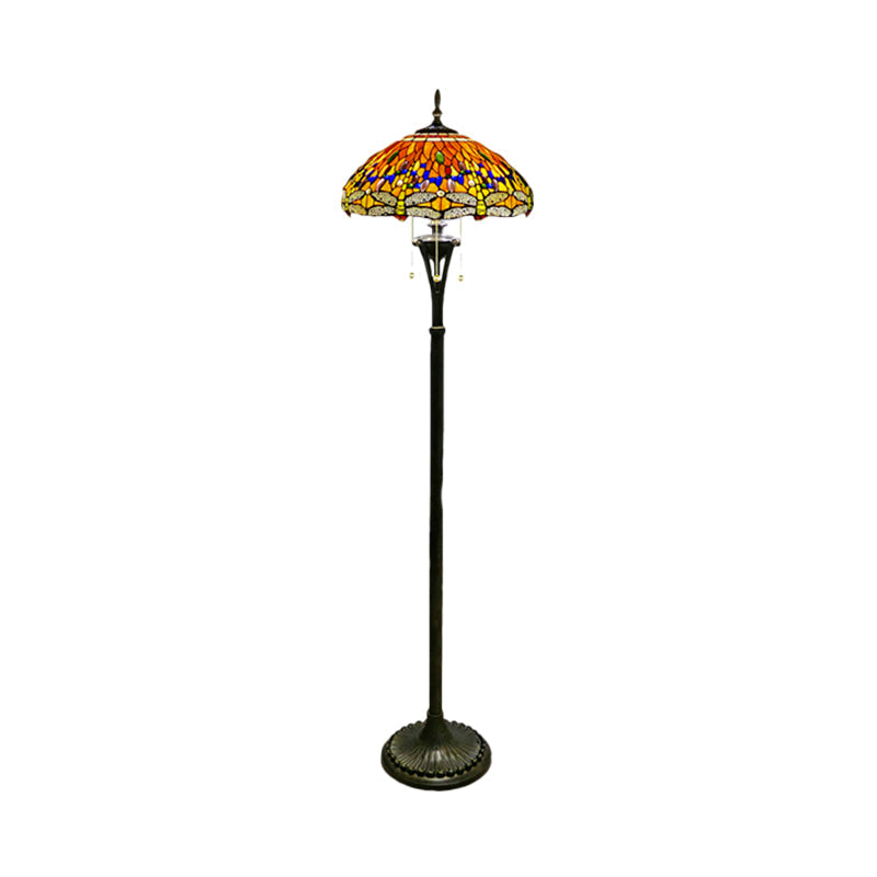 Dragonfly Reading Floor Lamp - Stained Glass Baroque Design 3 Heads Yellow/Blue/Green Pull Chain
