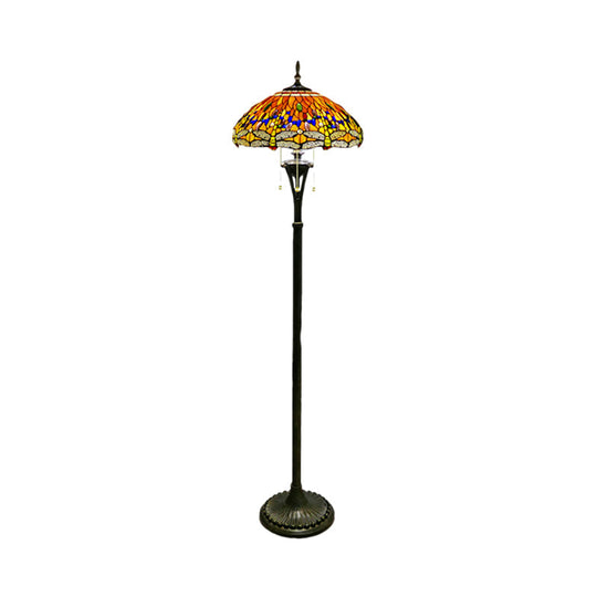 Dragonfly Reading Floor Lamp - Stained Glass Baroque Design 3 Heads Yellow/Blue/Green Pull Chain