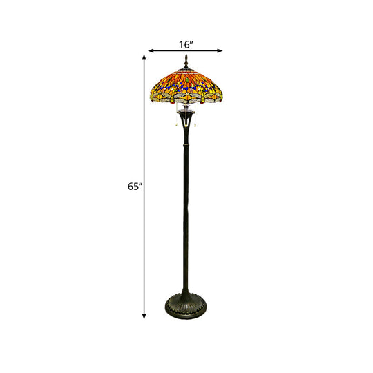 Dragonfly Reading Floor Lamp - Stained Glass Baroque Design 3 Heads Yellow/Blue/Green Pull Chain