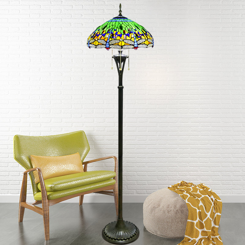 Dragonfly Reading Floor Lamp - Stained Glass Baroque Design 3 Heads Yellow/Blue/Green Pull Chain