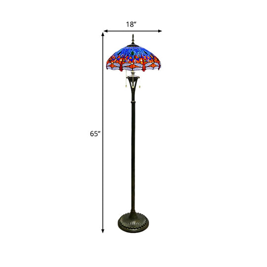 Dragonfly Reading Floor Lamp - Stained Glass Baroque Design 3 Heads Yellow/Blue/Green Pull Chain