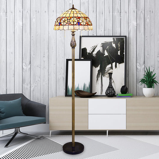 Red Floral Tiffany Shell Scalloped Dome Floor Lamp With 2 Heads