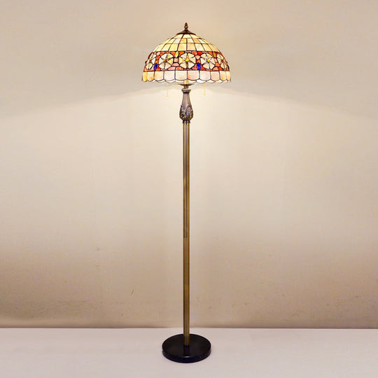 Red Floral Tiffany Shell Scalloped Dome Floor Lamp With 2 Heads