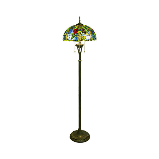 Tiffany Style Glass Floor Lamp With Pull Chain - 3 Bulbs Flower/Grapes Design In Blue/Green Or