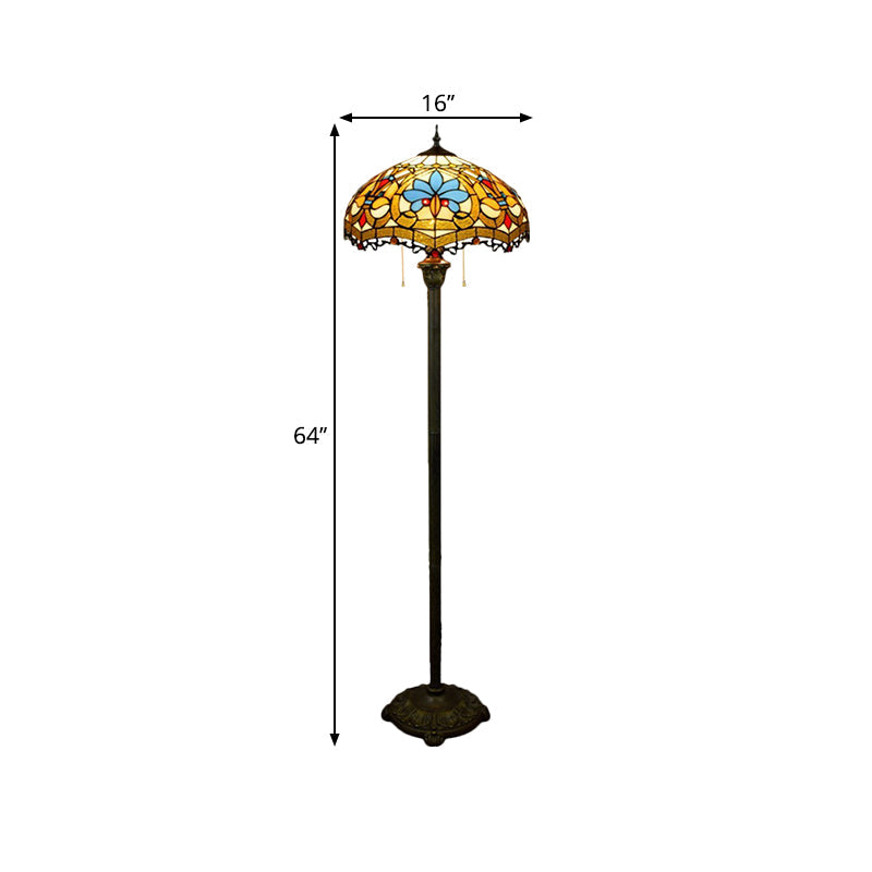 Tiffany Style Stained Glass Floor Lamp With Brass Finish And Pull Chain - Scalloped Dome Design 2