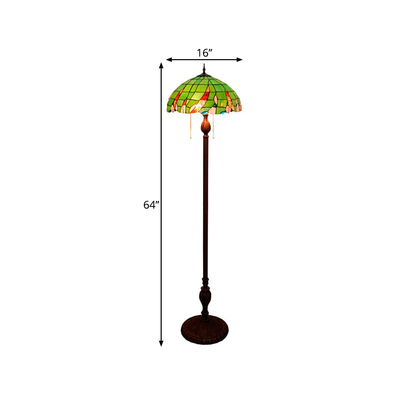 Baroque Green Pull Chain Standing Lamp With Stained Glass Shade - 3-Bulb Living Room Floor Light
