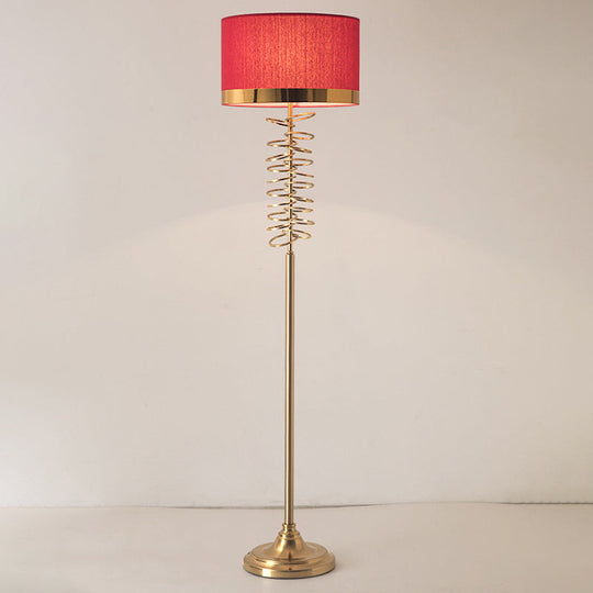 Antique Floor Lamp With White/Red Fabric Drum Shade Single Head And Rings Deco - Ideal For Parlor