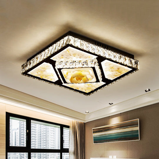Simplicity Flushmount With Jade Lotus Design In Chrome - Square Bedroom Ceiling Led Crystal Flush