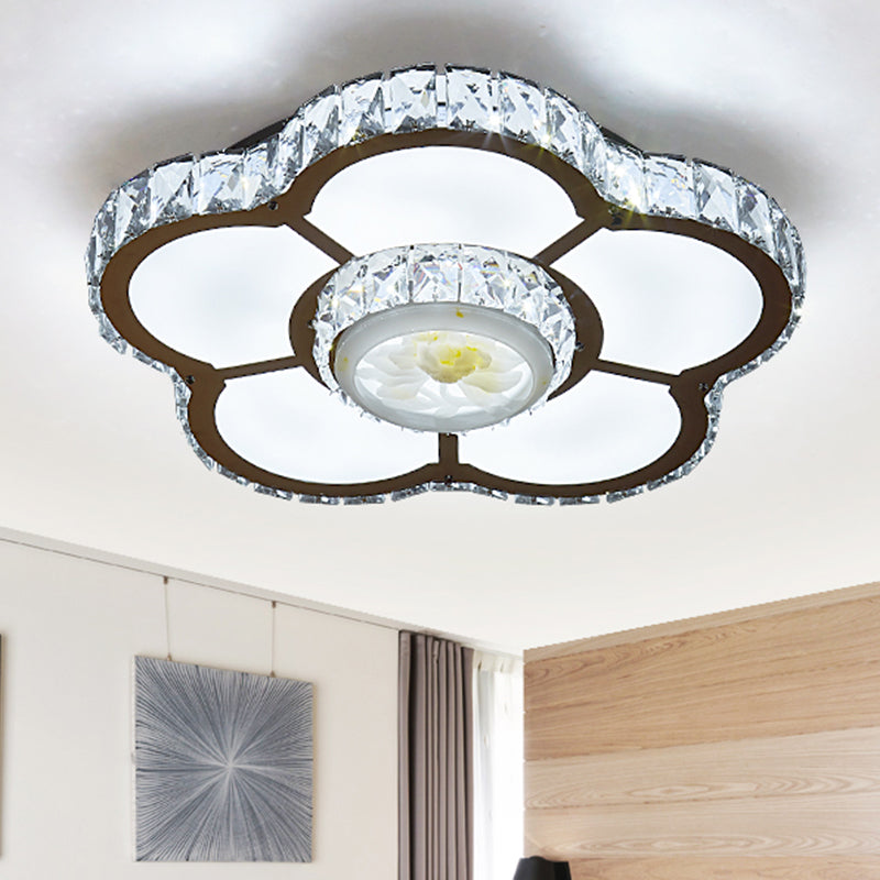 Sleek Led Semi Flush Mount Flower Ceiling Lamp With Beveled Crystal Shade - Chrome Finish’ Or