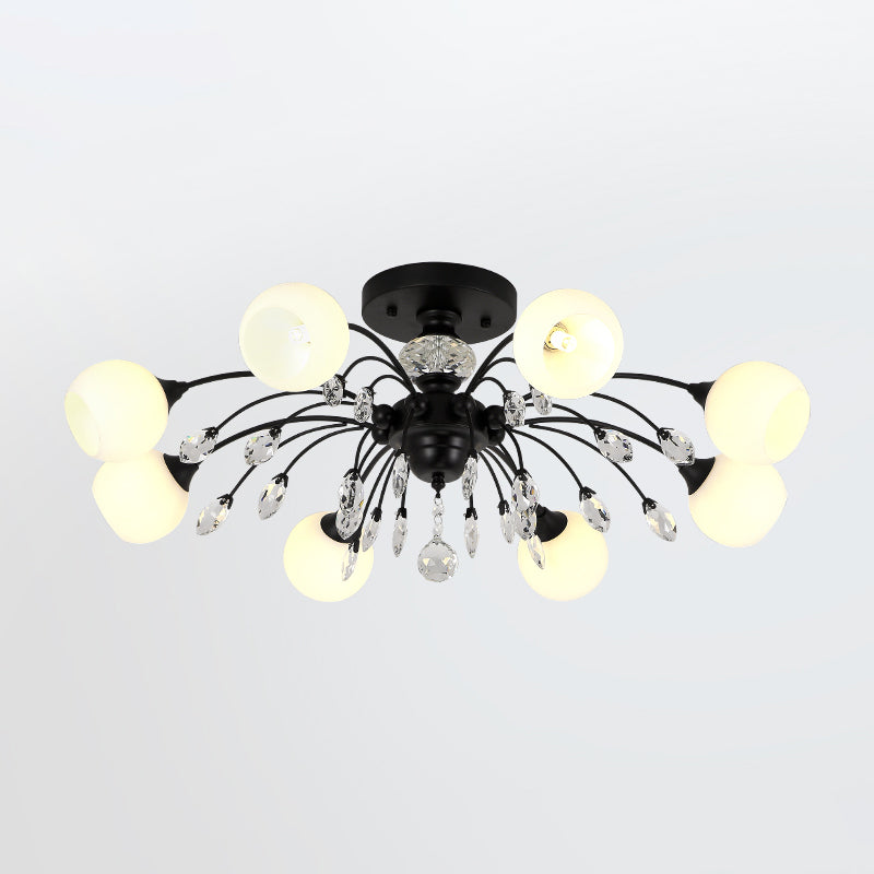 Modern Opal Glass Sputnik Globe Semi Flush Ceiling Fixture With Crystal Deco - 8 - Bulb Black