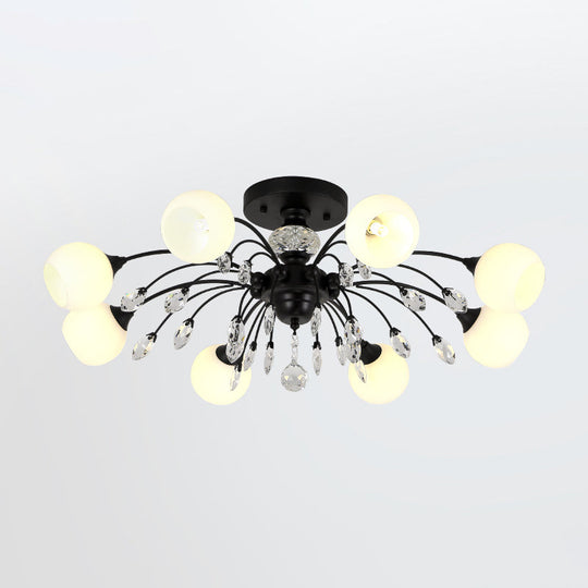Modern Opal Glass Sputnik Globe Semi Flush Ceiling Fixture With Crystal Deco - 8 - Bulb Black
