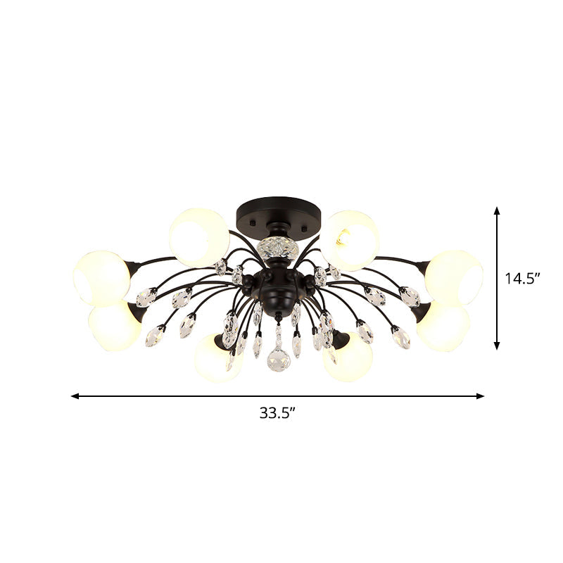 Modern Opal Glass Sputnik Globe Semi Flush Ceiling Fixture With Crystal Deco - 8 - Bulb Black