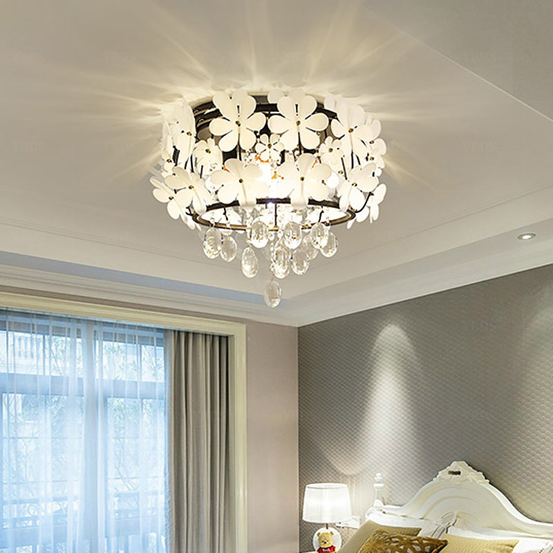 Modernist Crystal Flush Mount Light With Flower Decor - Black Ceiling Lamp