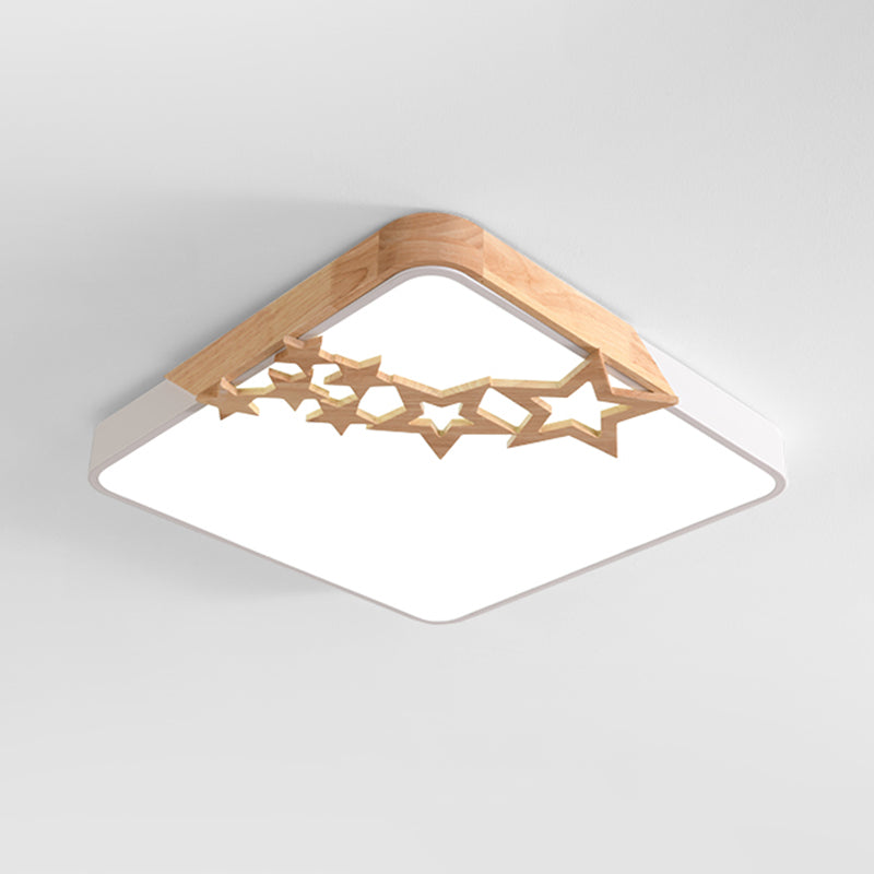 Modern Led Square Acrylic Flush Mount Lamp With Grey/White Ceiling Light Fixture And Wooden Star