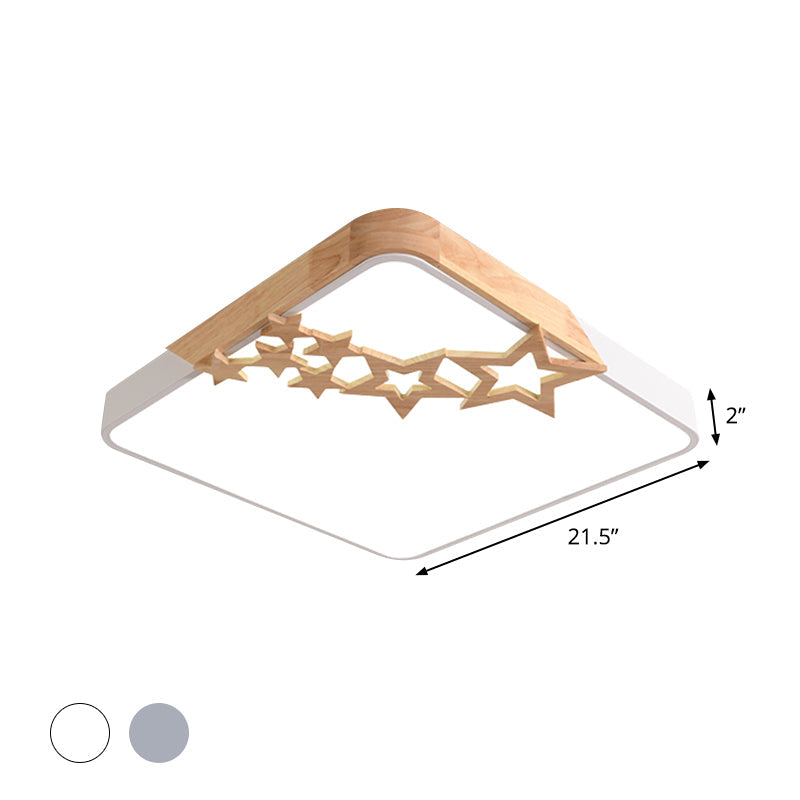 Modern Led Square Acrylic Flush Mount Lamp With Grey/White Ceiling Light Fixture And Wooden Star