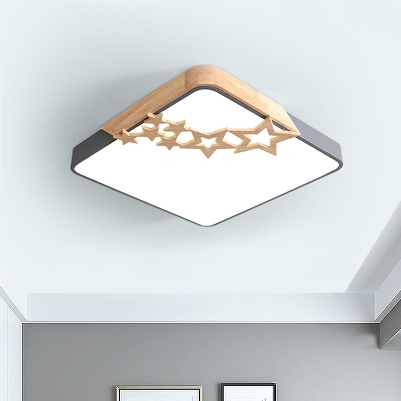 Modern Led Square Acrylic Flush Mount Lamp With Grey/White Ceiling Light Fixture And Wooden Star