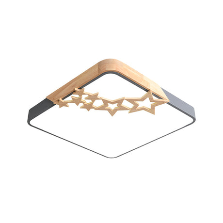 Modern Led Square Acrylic Flush Mount Lamp With Grey/White Ceiling Light Fixture And Wooden Star