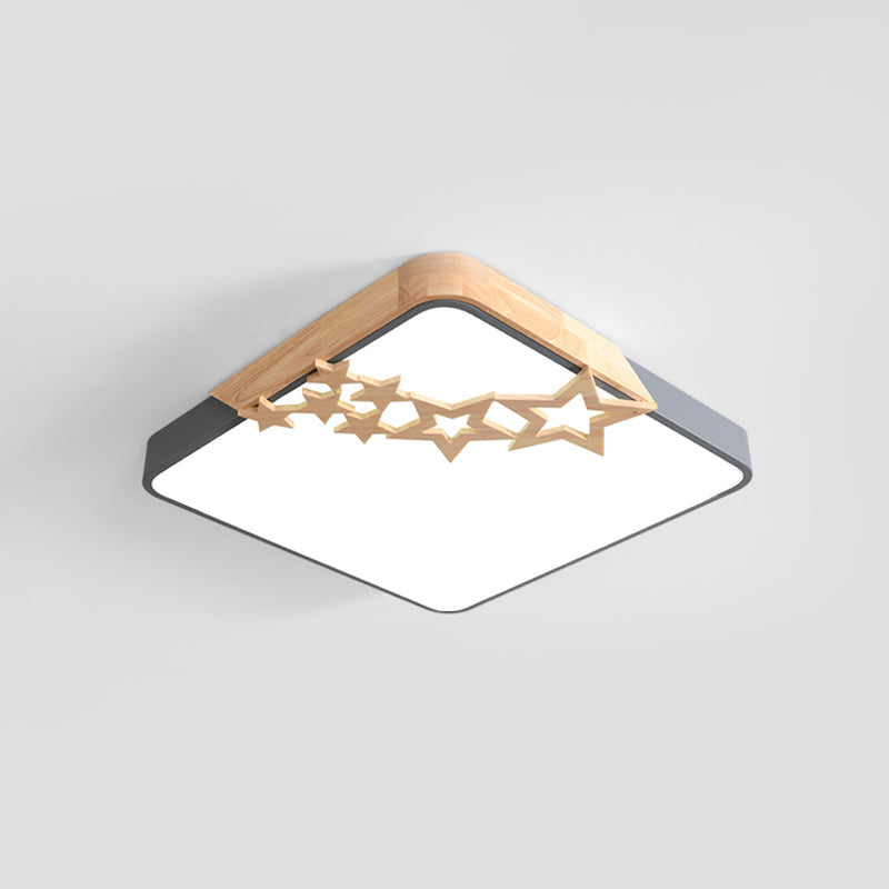 Modern Led Square Acrylic Flush Mount Lamp With Grey/White Ceiling Light Fixture And Wooden Star