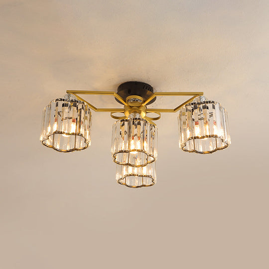 Gold Floral Cylinder Crystal Guest Room Semi Flush Ceiling Fixture (4/6/7-Light) - Minimalist Design