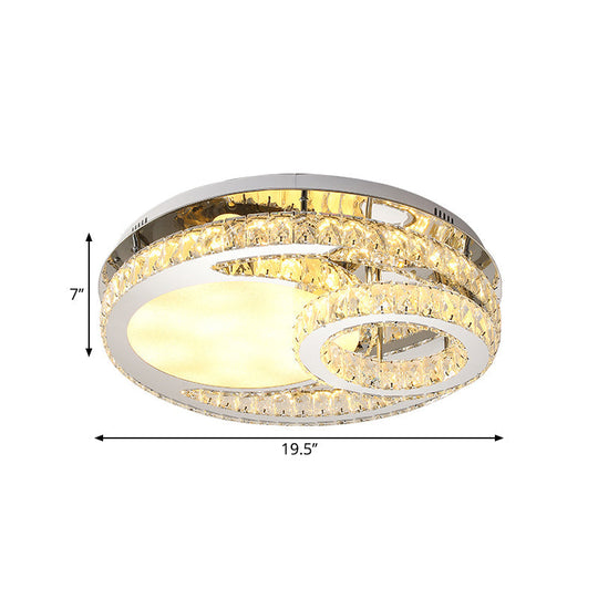 Modernist Beveled Crystal Led Ceiling Light: Round 19.5’/23.5’ Wide Chrome Semi Flush In