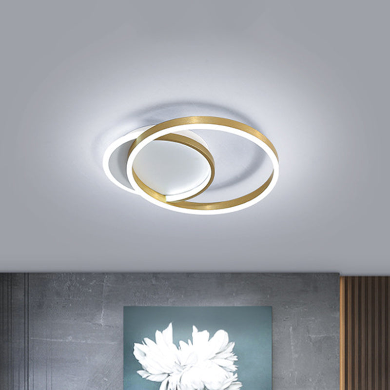 Modern Gold/Coffee Double Hoop Flush Ceiling Light - Led Metallic Mount Fixture (16/19 Width) For