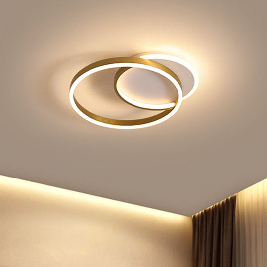 Modern Gold/Coffee Double Hoop Flush Ceiling Light - Led Metallic Mount Fixture (16/19 Width) For