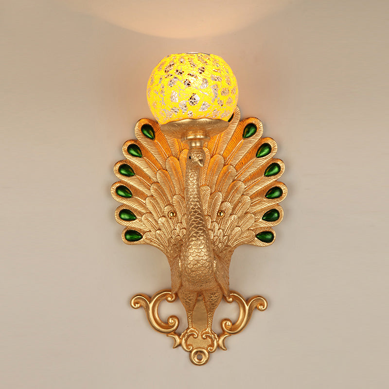 Gold Peacock Wall Lamp With Crackle Glass - Country Bubble Design