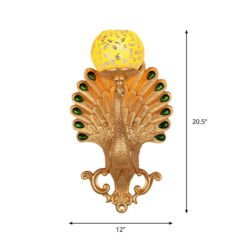 Gold Peacock Wall Lamp With Crackle Glass - Country Bubble Design