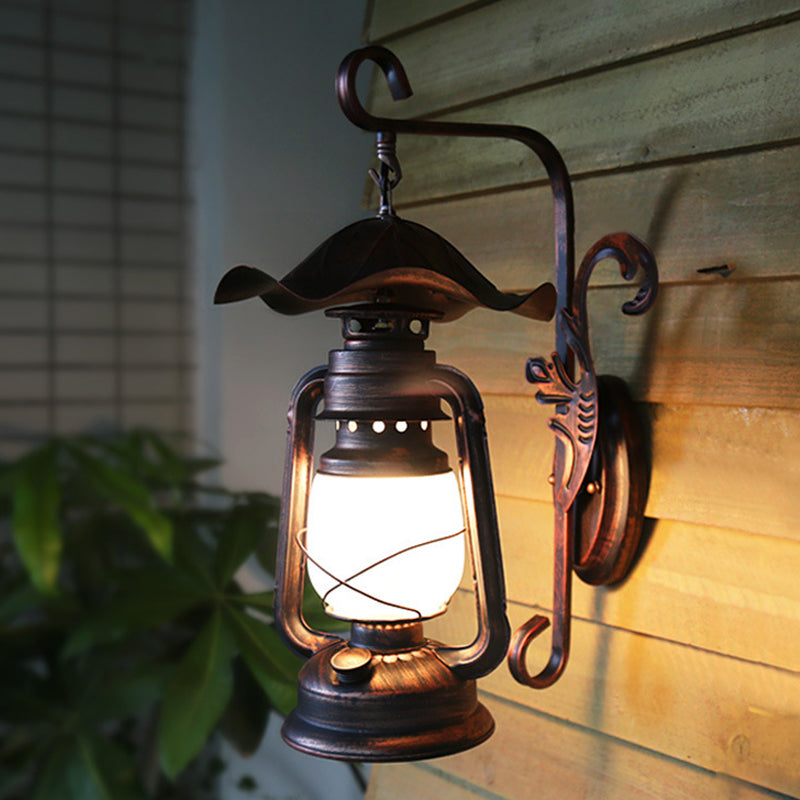 Kerosene Lamp Wall Sconce: Frosted Glass Weathered Copper
