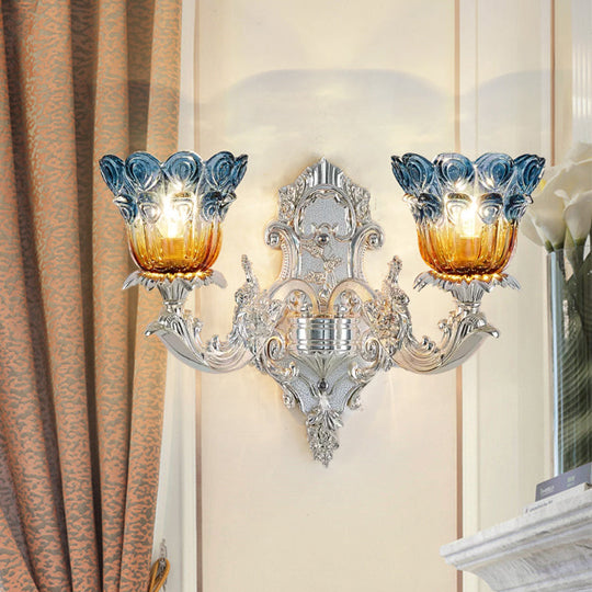Blossom Sconce Lamp: Classic Blue & Yellow Ribbed Glass 2 Lights Silver Wall Mounted Lighting
