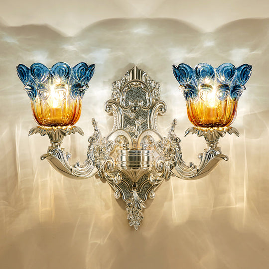 Blossom Sconce Lamp: Classic Blue & Yellow Ribbed Glass 2 Lights Silver Wall Mounted Lighting