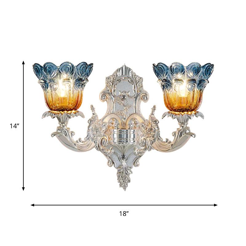 Blossom Sconce Lamp: Classic Blue & Yellow Ribbed Glass 2 Lights Silver Wall Mounted Lighting