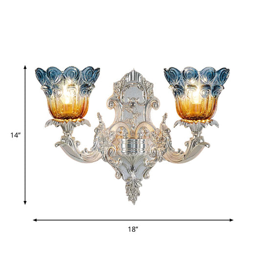 Blossom Sconce Lamp: Classic Blue & Yellow Ribbed Glass 2 Lights Silver Wall Mounted Lighting