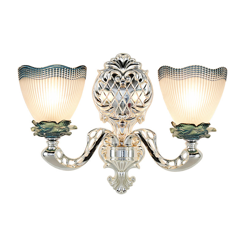 Vintage Scalloped Opal Ribbed Glass Wall Mounted Light With 2 Heads - Silver