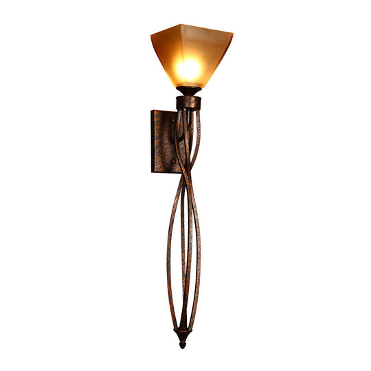 Rustic Amber Glass Trapezoid Corridor Wall Mounted Lamp - Single Light With Twisted Line Arm