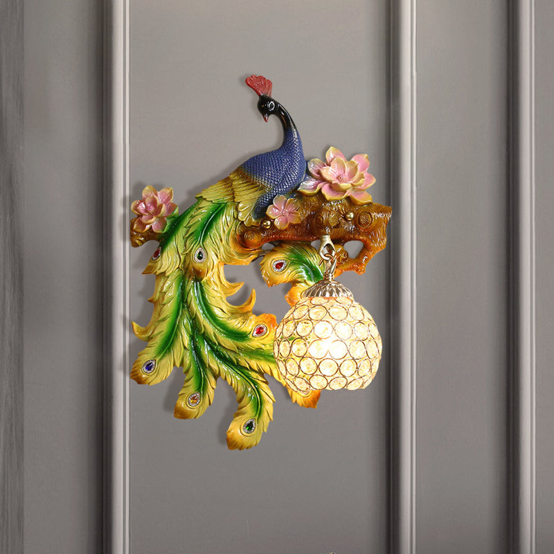 Traditional Blue-Green Bedroom Sconce With Peacock And Flower Design Single Head Wall Lighting